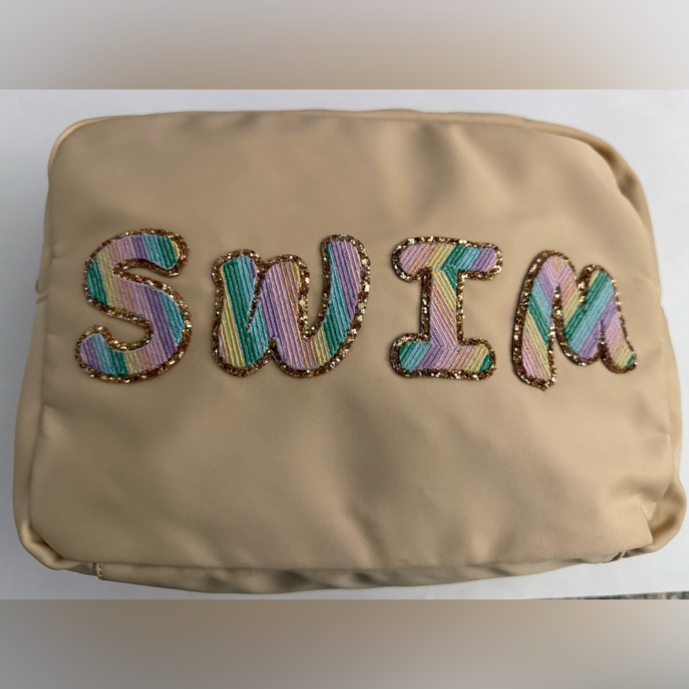Stoney Clover Lane Tan Cosmetic Bag with Multicolor Lettering